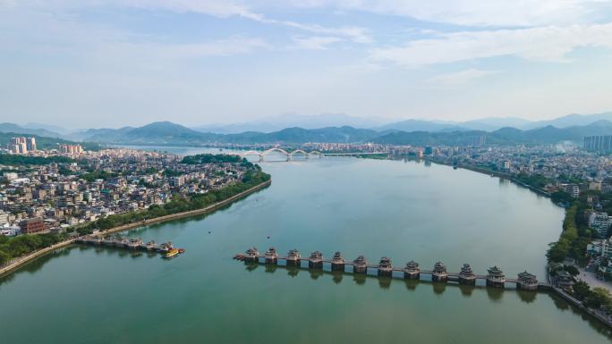 广东潮州广济桥和韩江两岸延时摄影航拍4k