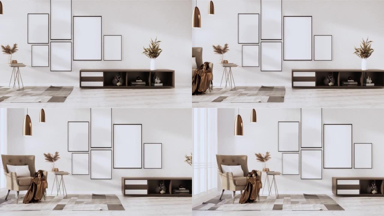 模拟房间白色墙上的空相框。3d渲染