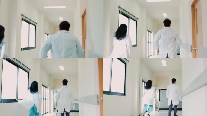 男女医生在医院走廊跑步