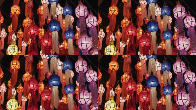 泰国清迈府Loy kathong节期间彩色纸灯笼兰纳风格。4K