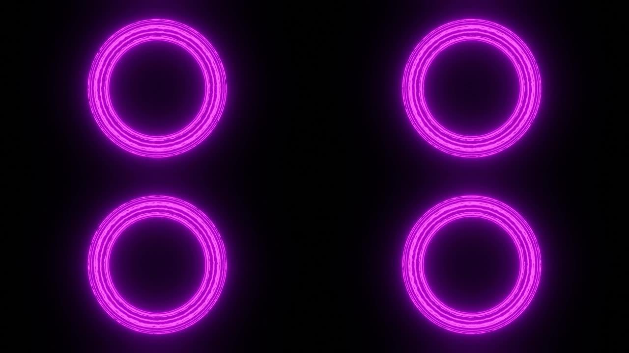 黑色背景上带有圆形循环设计的3D霓虹灯环动画