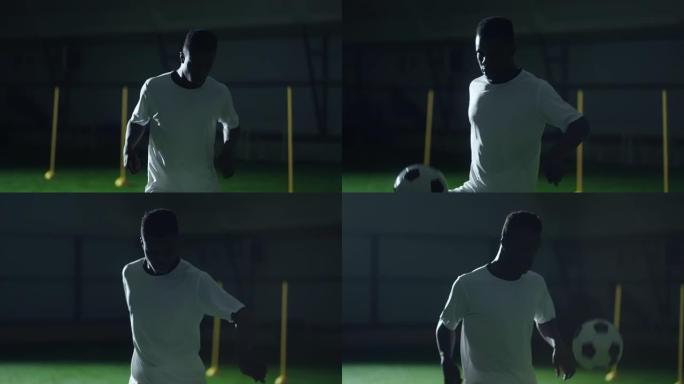 足球冠军独自在黑暗大厅训练，非裔美国人踢球，自由泳