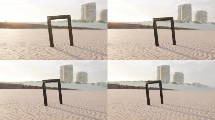 沙滩上的空木制相框