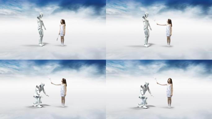 人工智能机器人鞠躬服从一个小人。