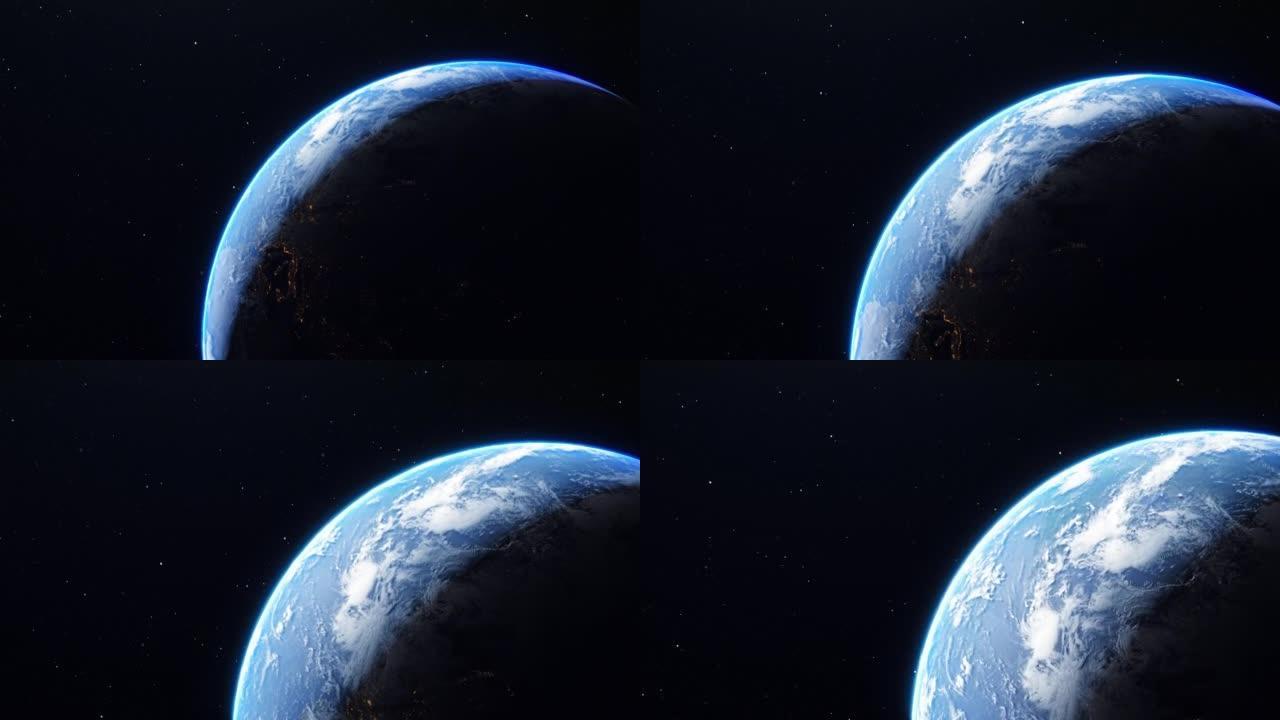 银河动画中带有辉光星particles的地球现实空间视图。来自太空的地球。摄像机飞向地球。星星在地球