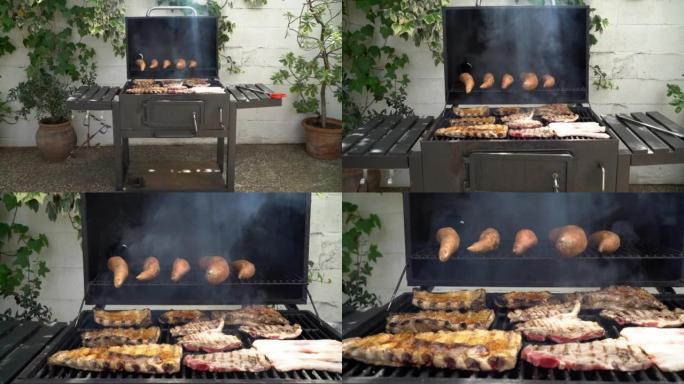 在后院的烧烤烤架上煮美味的猪排和红薯