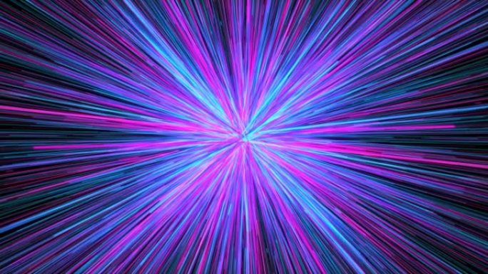 抽象火花发光蓝色粉色条纹光速线在黑色背景上移动。光速，超驱动，超高速效果。4k垃圾径向动作速度线运动