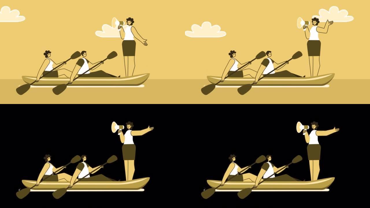 黄色风格的人与女船长在皮划艇上航行的扩音器。带有Alpha通道的孤立循环动画