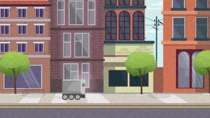 自主送货机器人骑在街上，具有谷物效应。智能传感技术。2D平面动画。