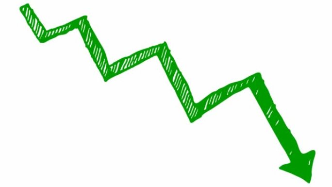 动画绿色箭头。经济衰退图表。经济危机，衰退，下降图。利润下降。手绘矢量插图孤立在白色背景上。