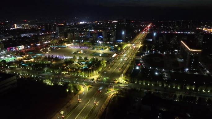 航拍莱西人民广场夜景