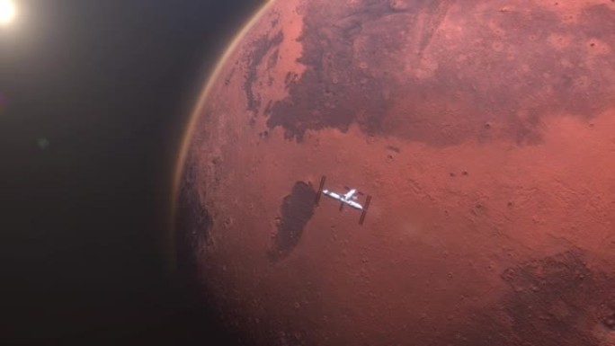 从太空拍摄的火星行星的望远镜视图。火星轨道上的卫星探测。4k太阳照亮的外太空红色星球