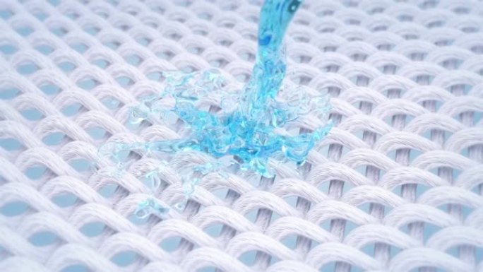 在防水织物上倒水，纳米技术，3D动画