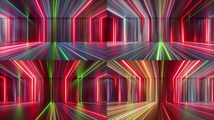 循环3d动画，抽象霓虹灯背景，彩色发光线条向下滑动，虚拟空房间内