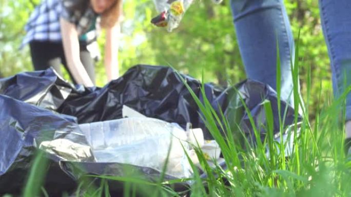 志愿者在公园概念的塑料袋中收集垃圾