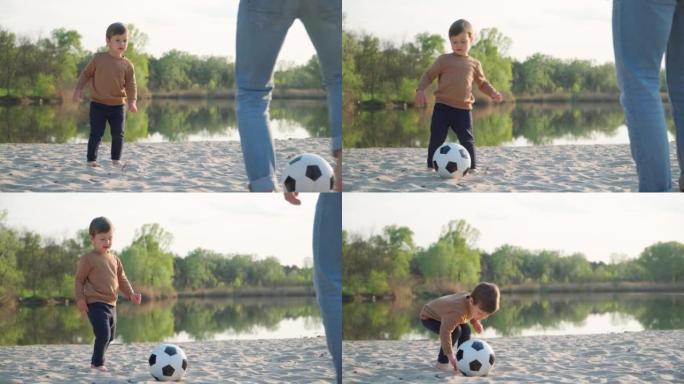 小孩子踢足球给他父亲。4k