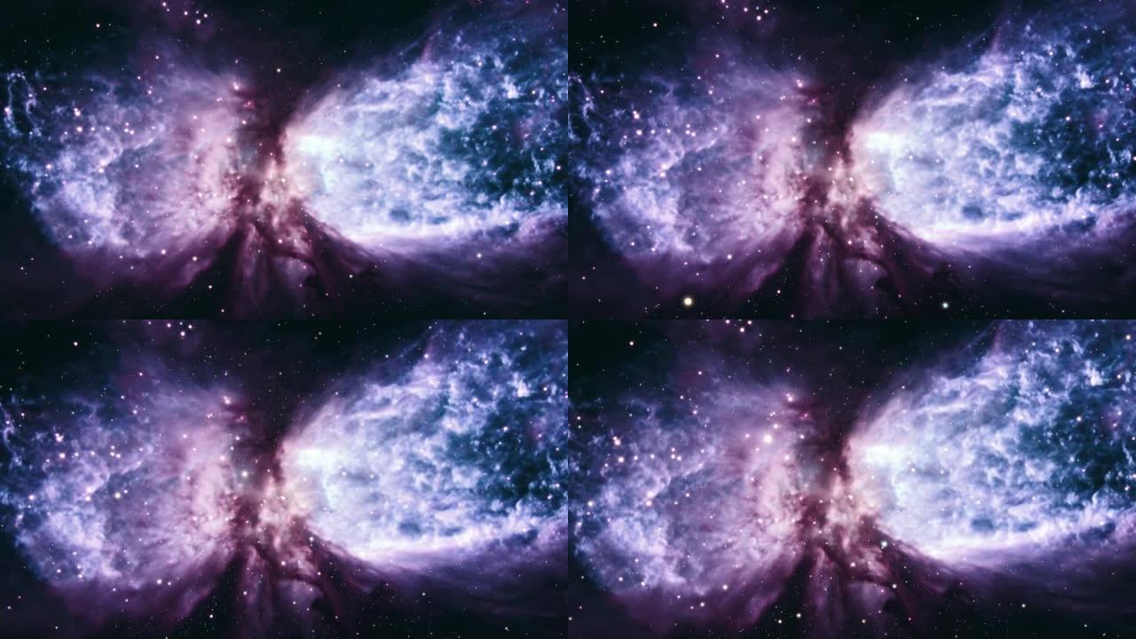 星系太空飞行探索进入天体雪天使的星域。4K 3D飞越宇宙奇点大爆炸空间中的太空星系。带有空间、星系、