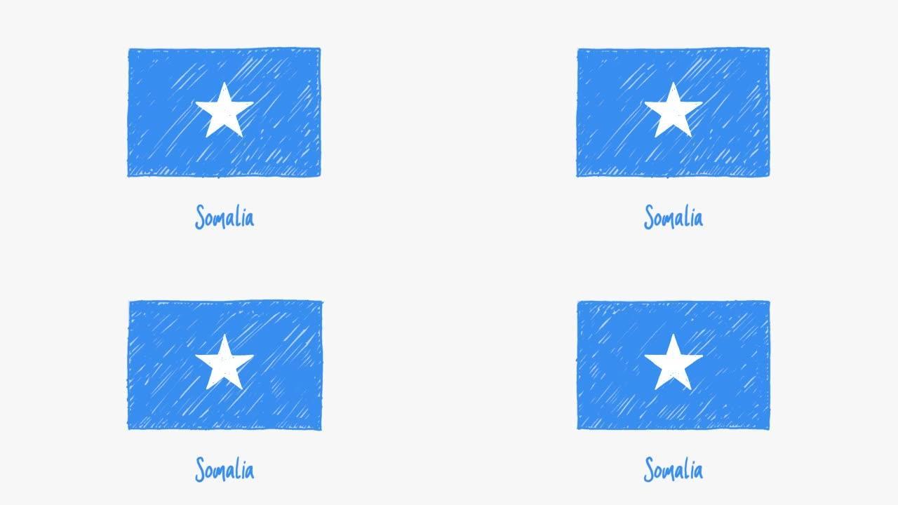 索马里国家国旗标记白板或铅笔彩色素描循环动画