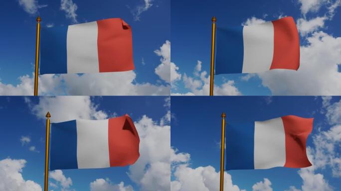 3D渲染的法国国旗，旗杆和蓝天的时间推移，褶皱法国三色旗或法国三色旗，古法国色或法国帽徽，国旗法兰西