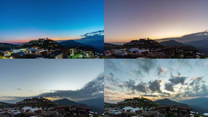 日出时的山顶小村庄，山上七彩村的美丽景象，延时拍摄