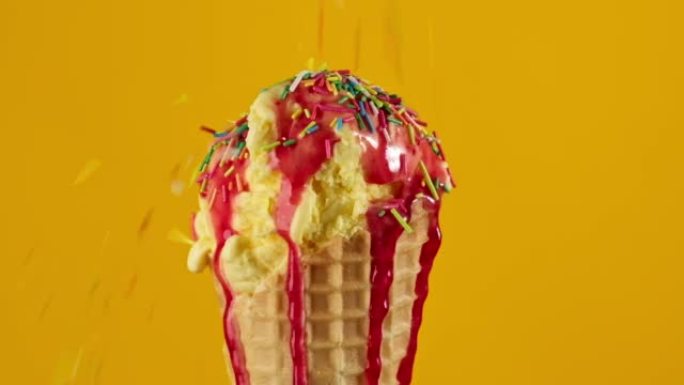 五颜六色的洒落在草莓浇头的香蕉冰淇淋上。