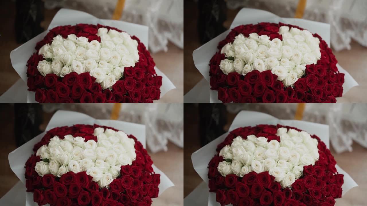 心形大束红玫瑰和白玫瑰的特写镜头
