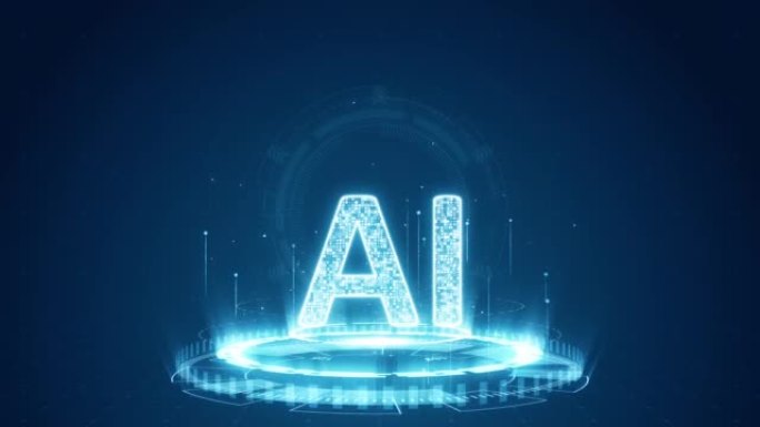 具有未来技术的蓝色数字AI徽标的运动图形在抽象背景上旋转和悬浮粒子