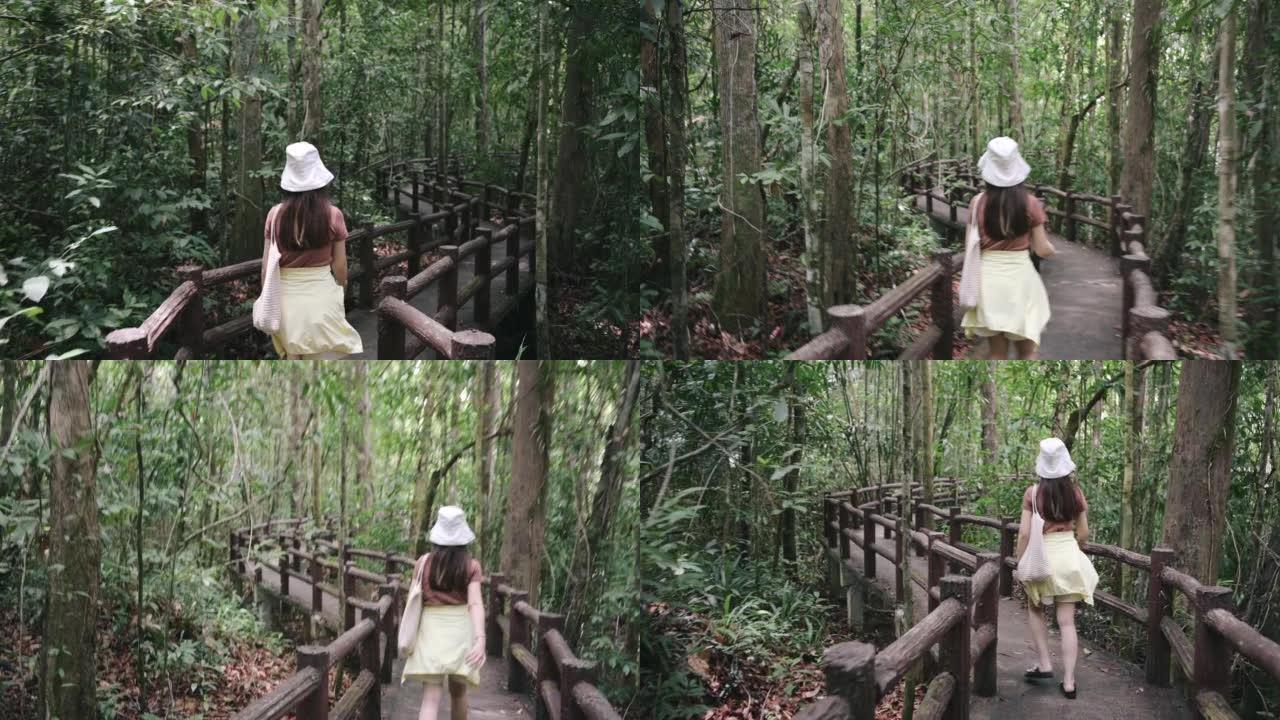 亚洲旅游女性的肖像在泰国emarald pool Krabi的热带森林中沿着小径游览