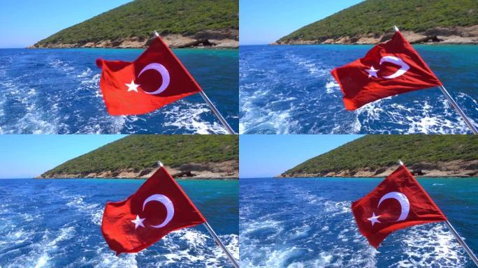 以大海为背景的快艇上的土耳其国旗