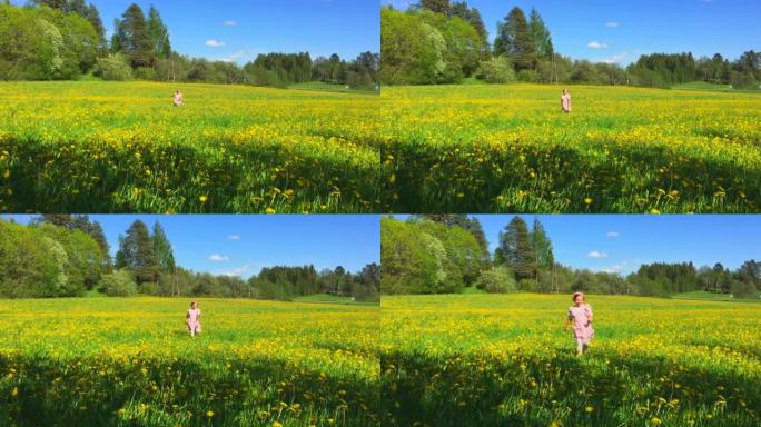 一个孩子，一个白种人的女孩，头上戴着花圈，快乐地在一片黄色蒲公英的空地上奔跑。