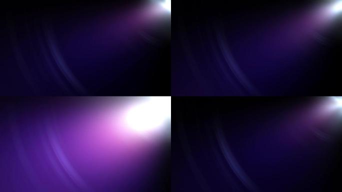 右上光学发光透镜的环在深蓝色紫色背景上发出耀眼光。4k美丽的白色聚光灯效果在右上角移动。对于项目屏幕