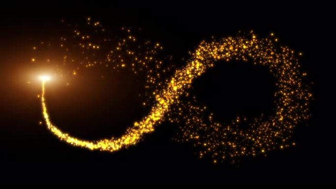 黑色背景上的无缝循环无限符号金粒子。