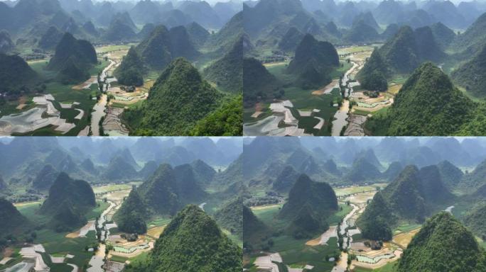 越南曹邦Trung Khanh区Phong Nam的稻田和千山奇形山的空中无人机视图