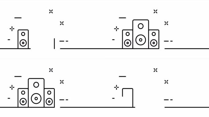 扬声器，把它调高，大声，听音乐，爱好，跳舞，唱歌，休息一下。娱乐概念。一个线条画动画。运动设计。动画