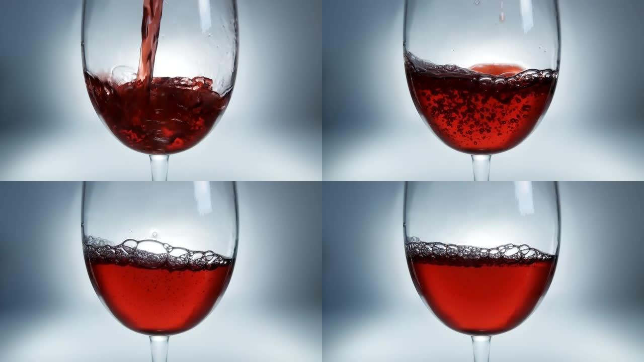 创意微距慢动作4k视频红酒倒入玻璃杯。玻璃杯与倒红酒特写。在高速电影摄像机上拍摄。