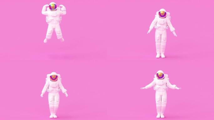 超现实的跳跃宇航员或太空人穿着太空服，未来科幻宇宙银河背景，3d渲染现代时尚当代创意动画，无缝循环插