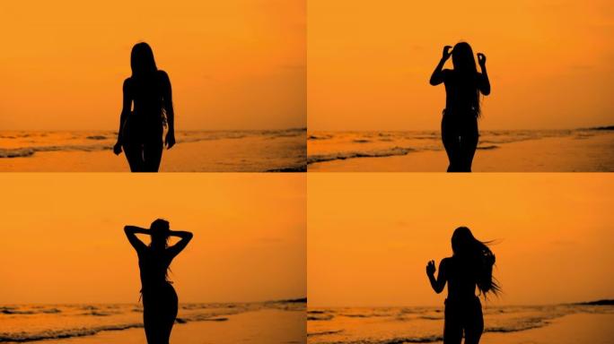 日落时在金沙滩上奔跑的女人的剪影