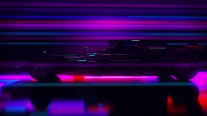 超高速赛车在发光的霓虹灯线隧道上行驶。未来主义概念。在具有彩色灯光和步道的夜间轨道上的超级跑车的3d
