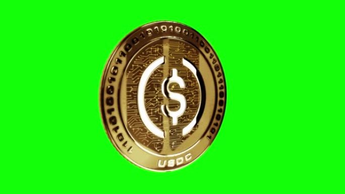 绿色屏幕上的USDC美元硬币稳定币加密货币金币隔离循环