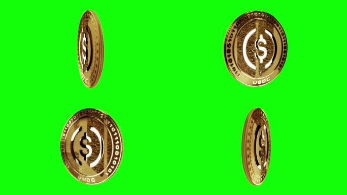绿色屏幕上的USDC美元硬币稳定币加密货币金币隔离循环