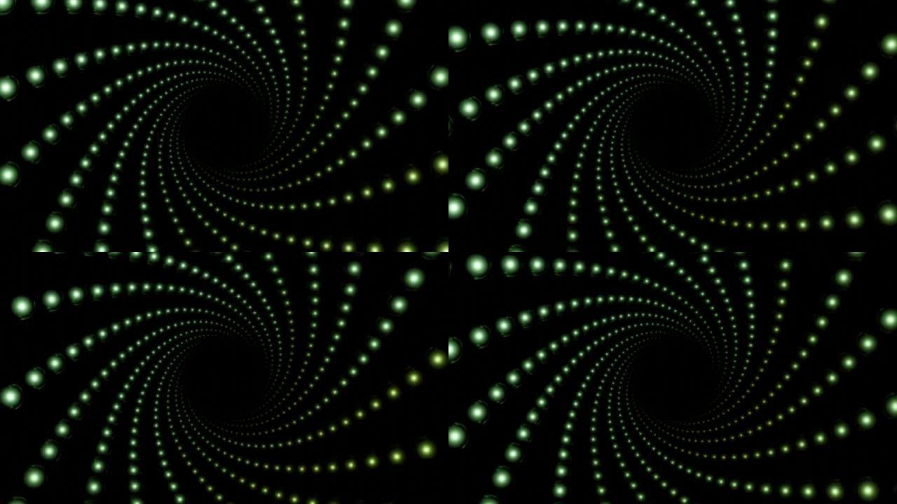 抽象催眠隧道由黑色背景上的点状螺旋创造，无缝循环。设计。闪亮粒子的旋转走廊。