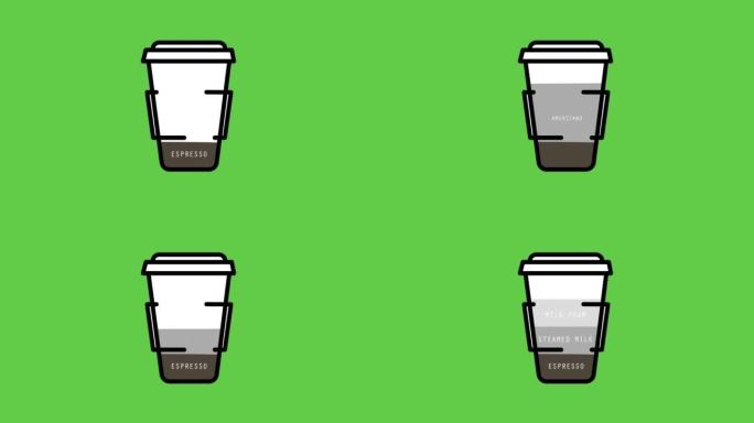 咖啡的类型。互相替换: 浓缩咖啡、双份浓缩咖啡、美式咖啡。4k视频插图。