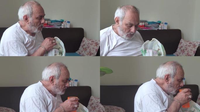 老人喝茶吃饭