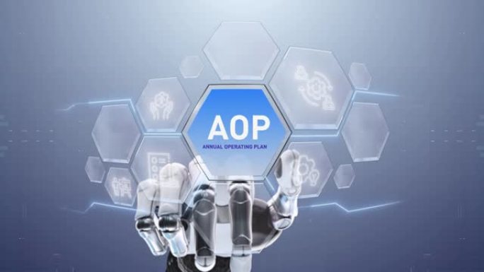 AOP年度运营计划机器人手触摸，触摸未来，界面技术，用户体验的未来，旅程和技术概念，数字屏幕界面
