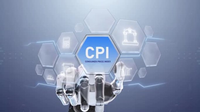 CPI消费价格指数机器人手触，触摸未来，界面技术，用户体验的未来，旅程和技术概念，数字屏幕界面