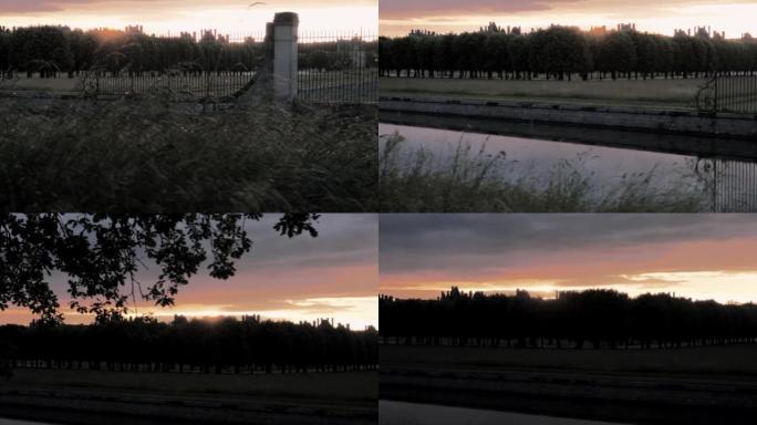 日落中的枫丹白露城市轮廓