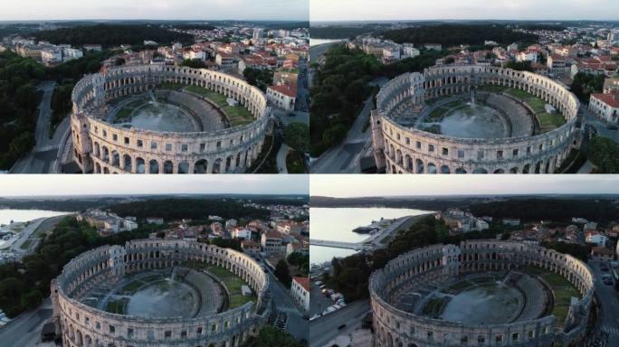 克罗地亚普拉老城普拉竞技场和圆形剧场的鸟瞰图。