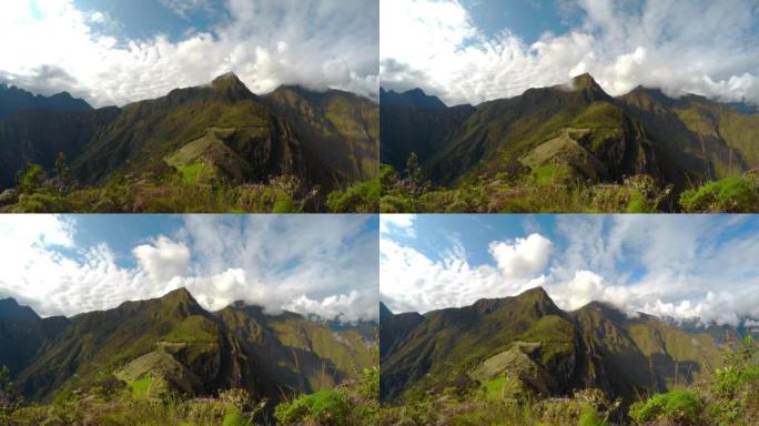 著名和热门景点的时间流逝秘鲁马丘比丘，观光，世界七大奇观之一，云层掠过山脉，晴天，旅行概念