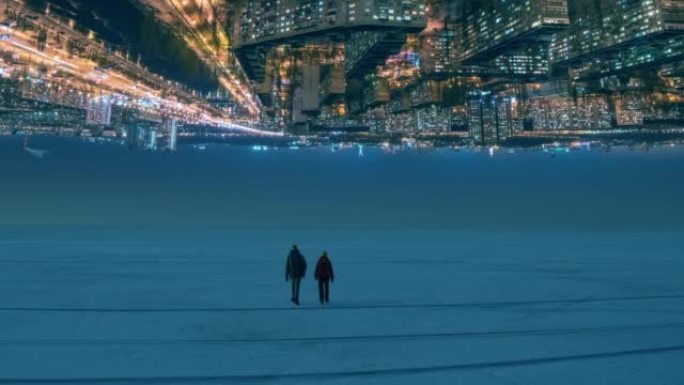 两人在citylights背景上穿越夜雪场