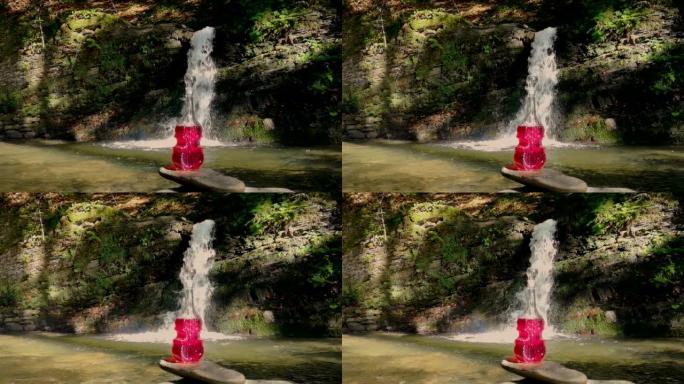 夏季瀑布上的风景，带有小提琴形式的瓶子